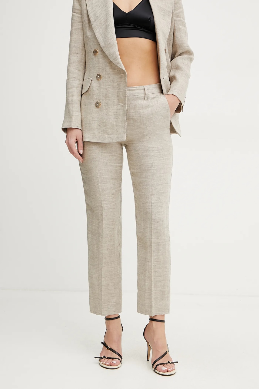 Marella pantaloni din in PERUGIA femei, culoarea bej, fason tigareta, medium waist, 2513131192200