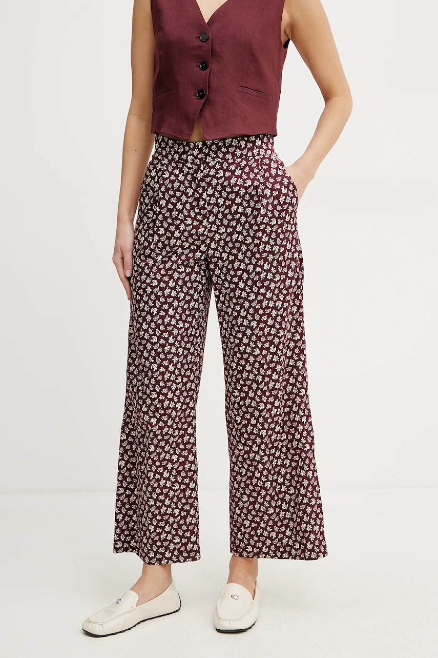 Marella pantaloni de bumbac CRICKET femei, culoarea bordo, lat, high waist, 2513131202200