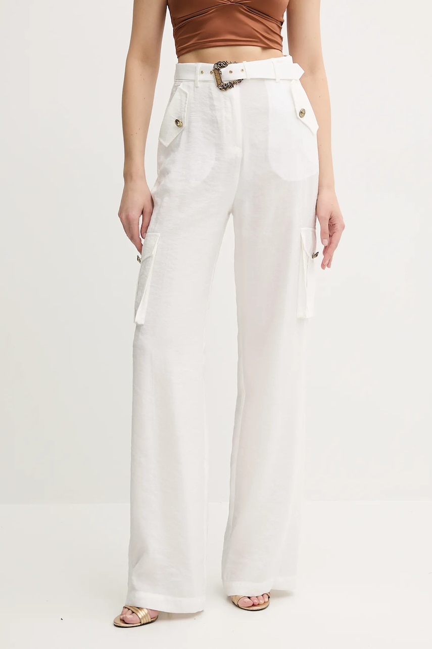 Levně Kalhoty Versace Jeans Couture dámské, béžová barva, high waist, 78HAA109 N0433