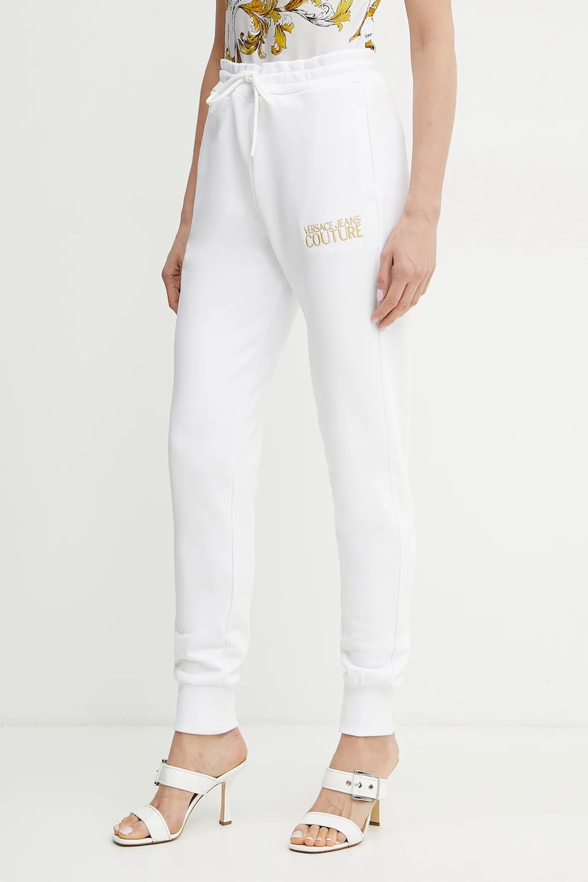 Versace Jeans Couture pantaloni de trening din bumbac femei, culoarea alb, neted, 78HAAT06 CF01T Versace Jeans Couture pantaloni de trening din bumbac femei, culoarea alb, neted, 78HAAT06 CF01T