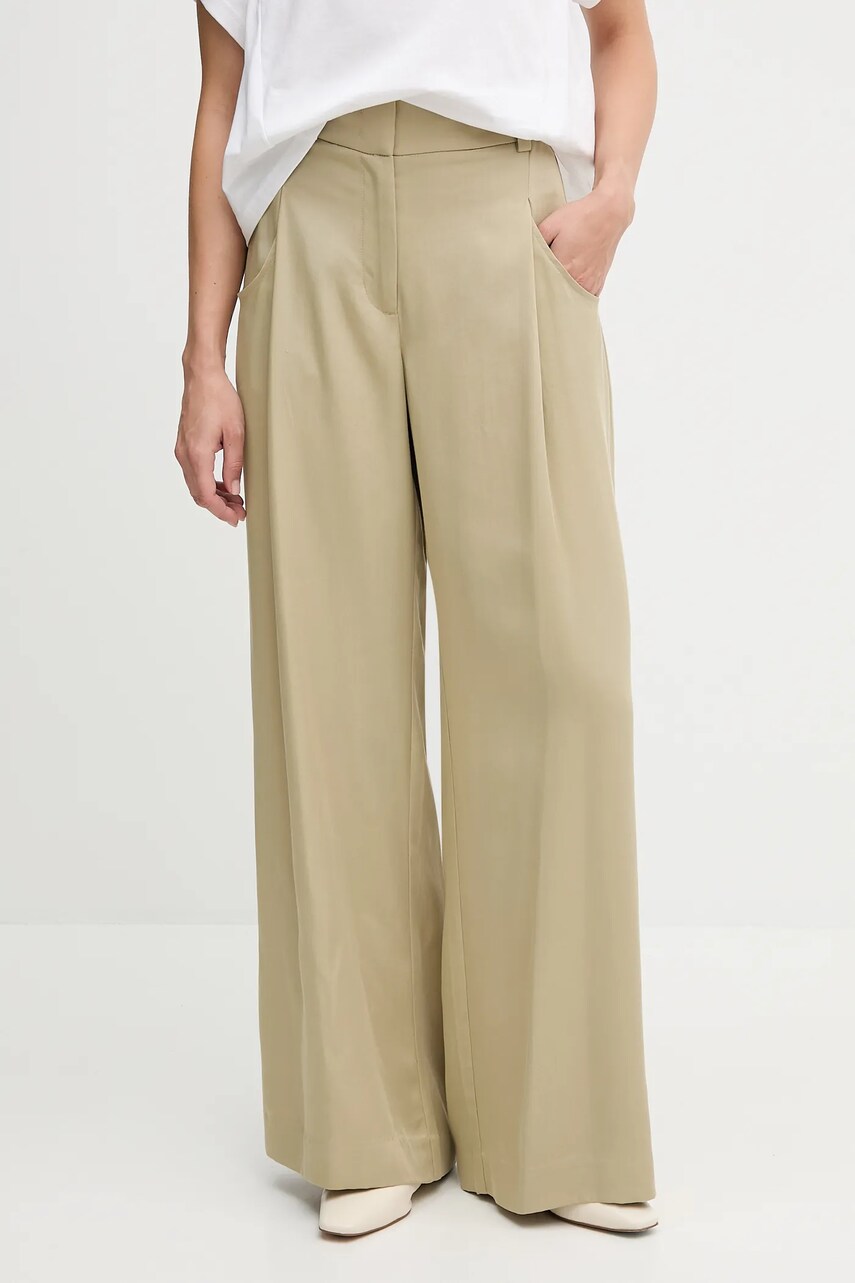 Sisley pantaloni culoarea verde, lat, high waist, 4V7PLF06N