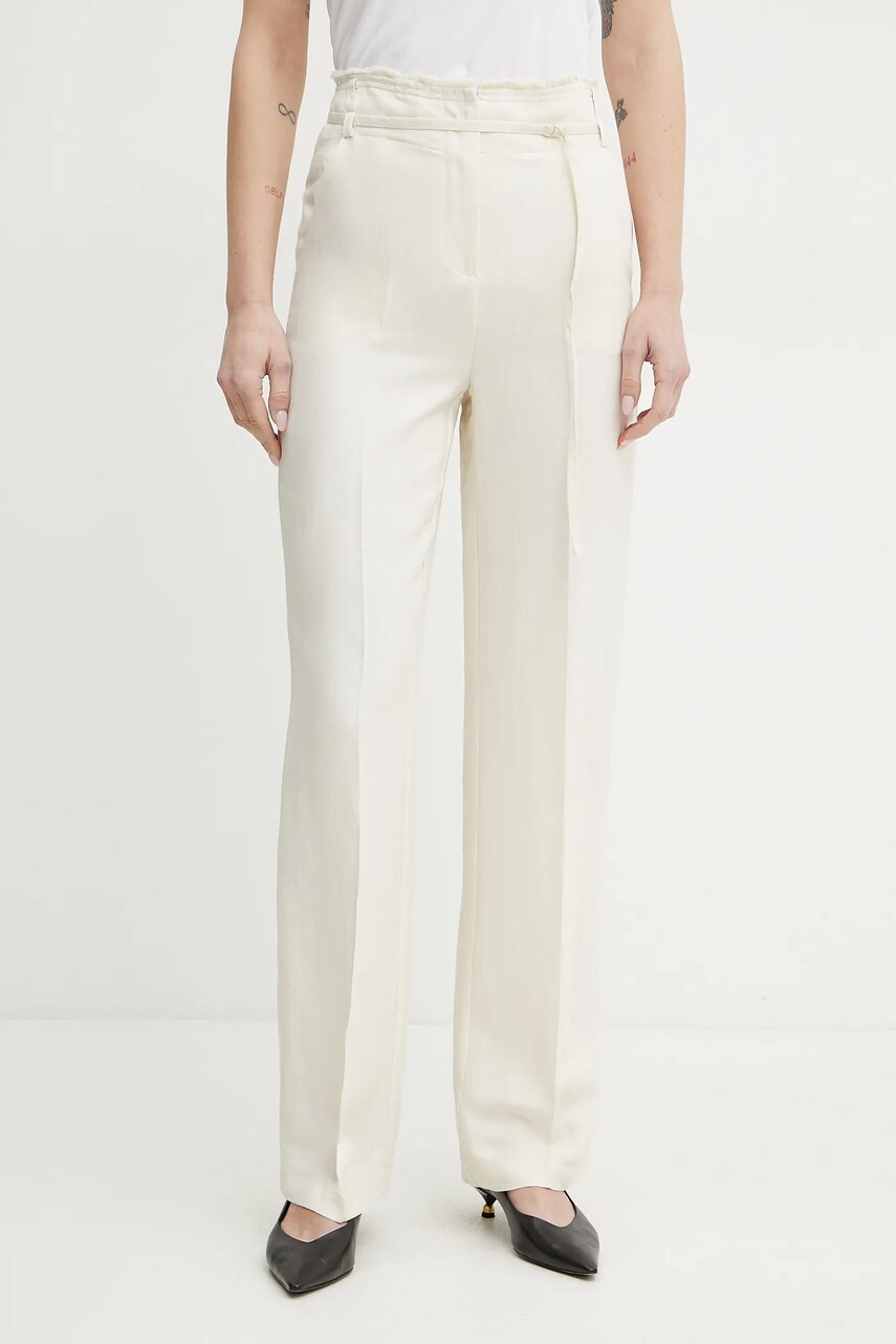Levně Kalhoty s příměsí lnu Patrizia Pepe béžová barva, high waist, 2P1659 A052