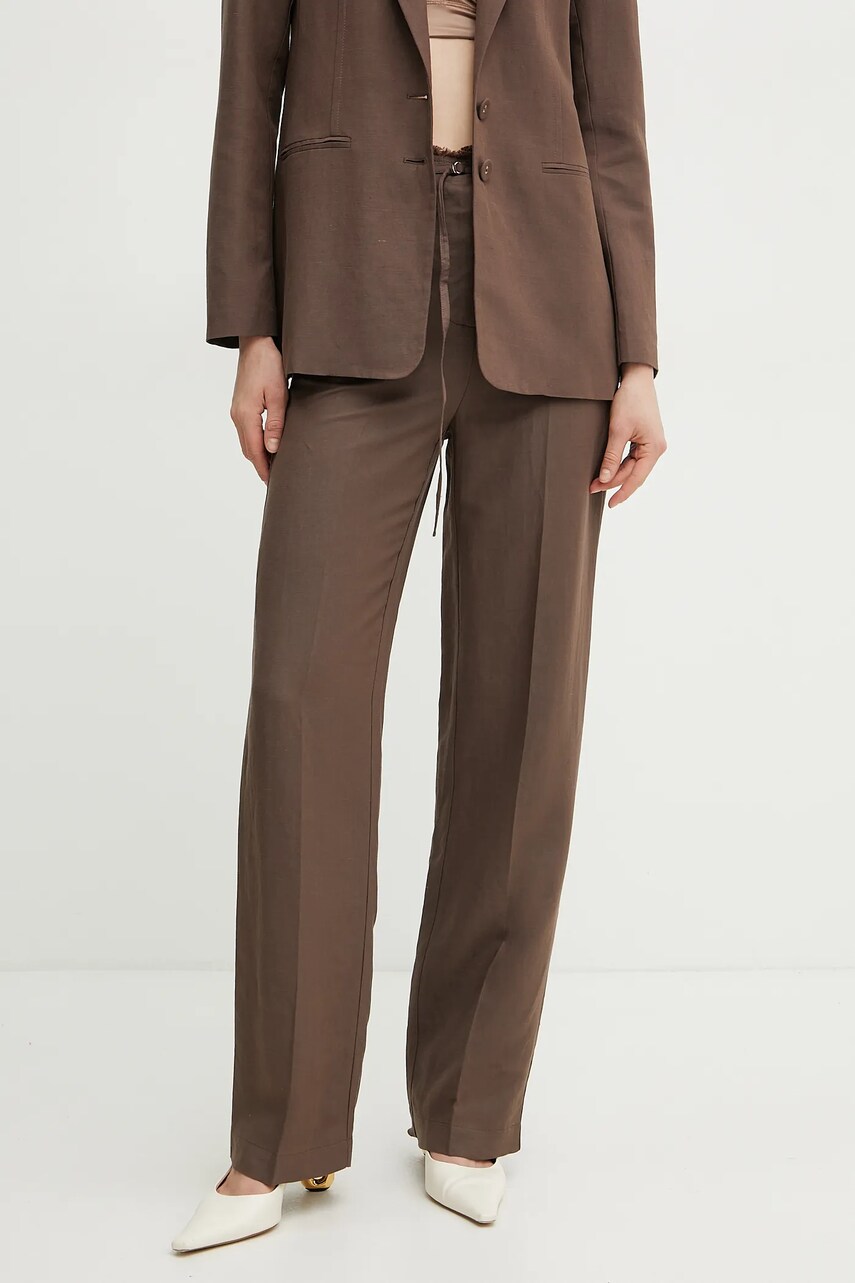 Levně Kalhoty s příměsí lnu Patrizia Pepe hnědá barva, high waist, 2P1659 A052