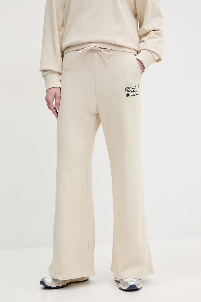 EA7 Emporio Armani pantaloni de trening femei, culoarea bej, cu imprimeu, AF12473.7W000106