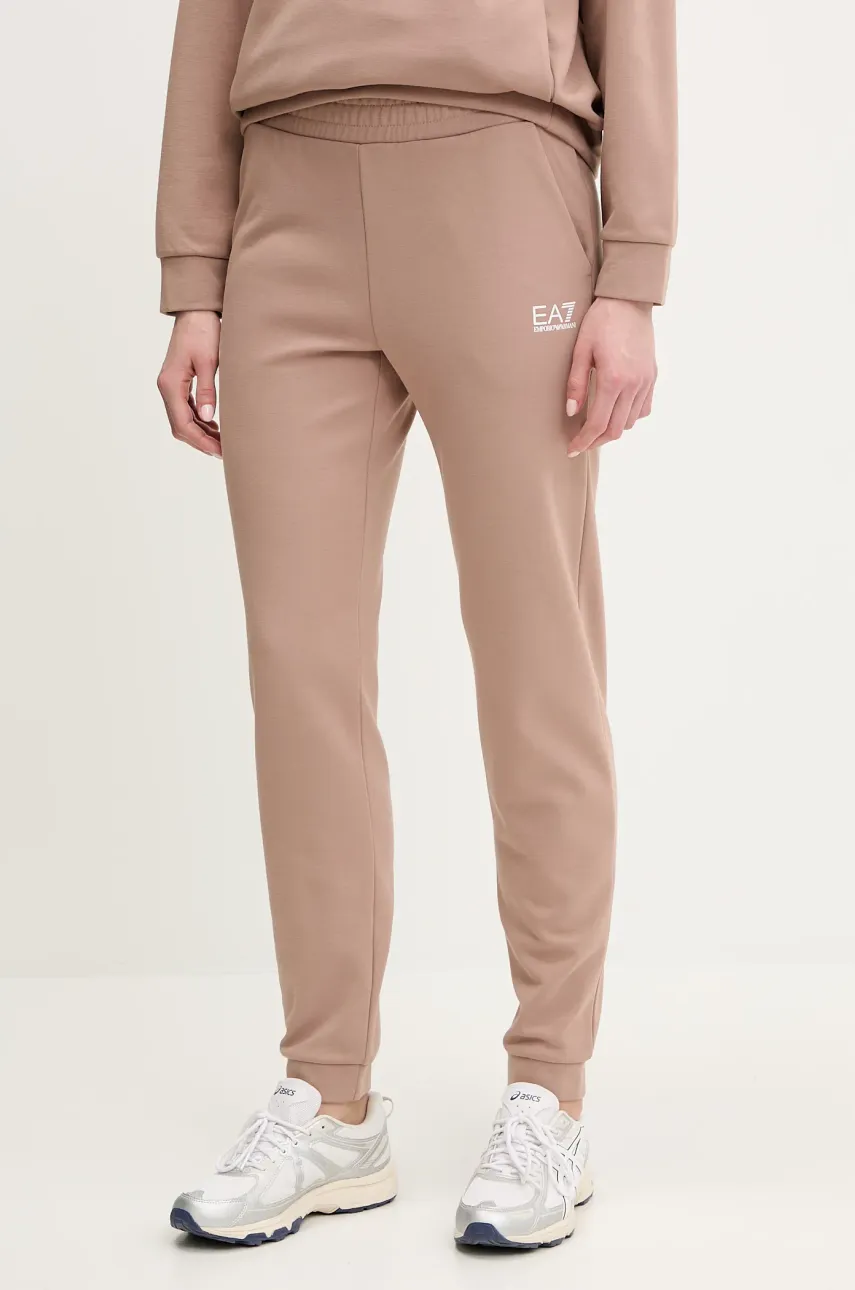 Levně Tepláky EA7 Emporio Armani dámské, hnědá barva, s potiskem, AF10443.7W000075