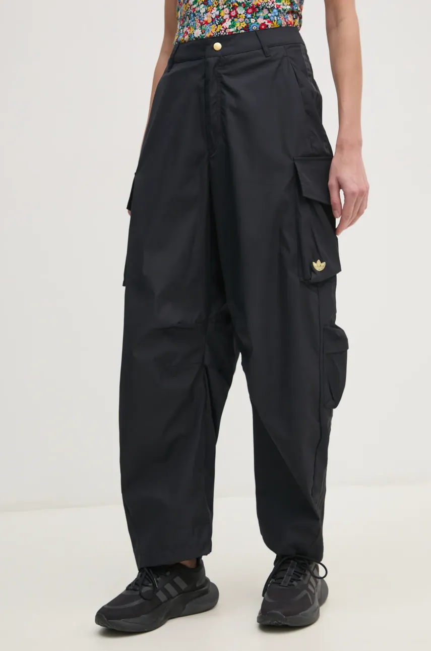 Kalhoty adidas Originals CARGO PANTS dámské, černá barva, kapsáče, high waist, JI5727