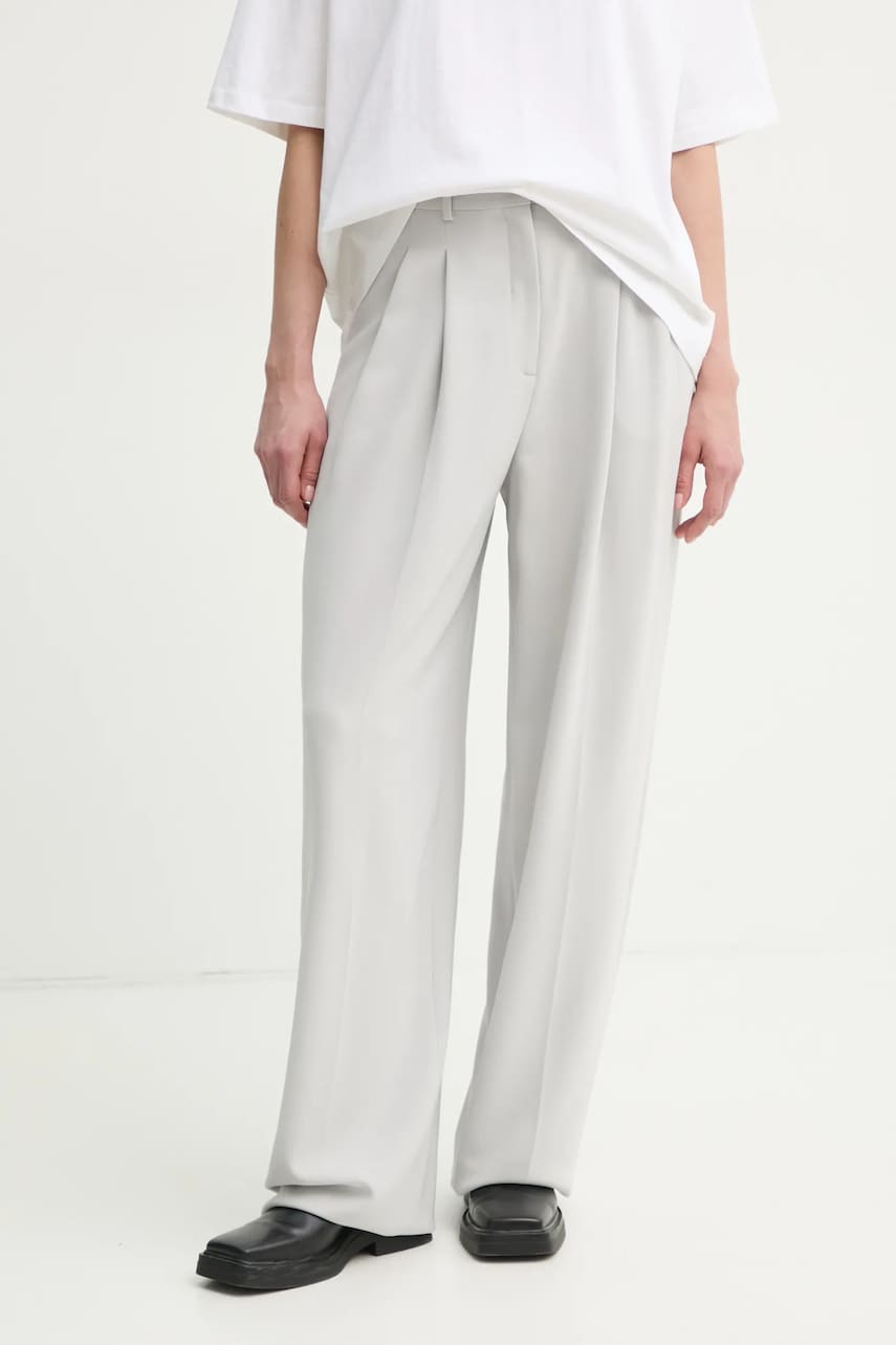 Levně Kalhoty Theory dámské, šedá barva, široké, high waist, O1109201