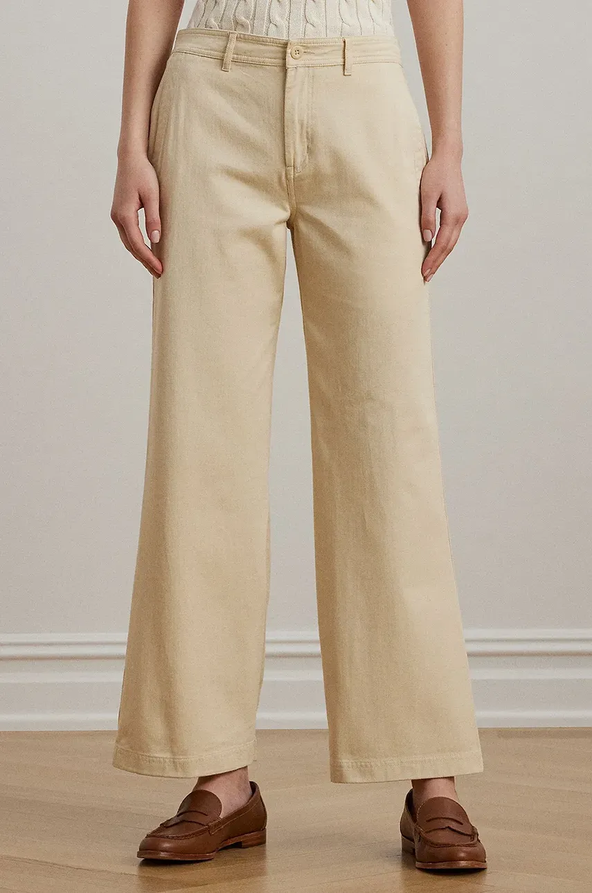 Хлопковые брюки Lauren Ralph Lauren женские цвет бежевый широкие высокая посадка 200965654 Хлопковые брюки Lauren Ralph Lauren женские цвет бежевый широкие высокая посадка 200965654
