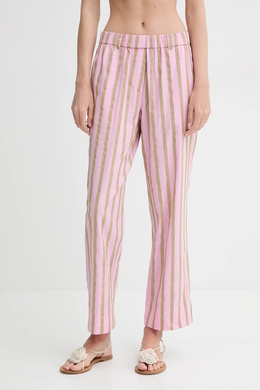 Stine Goya pantaloni de bumbac femei, culoarea roz, drept, high waist, SG-SS25-P079-2344 Stine Goya pantaloni de bumbac femei, culoarea roz, drept, high waist, SG-SS25-P079-2344