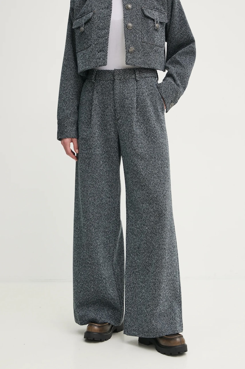 Gestuz pantaloni femei, culoarea gri, lat, high waist, 10909730