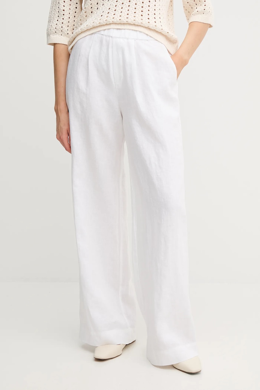 OUI pantaloni din in culoarea alb, lat, high waist, 92821
