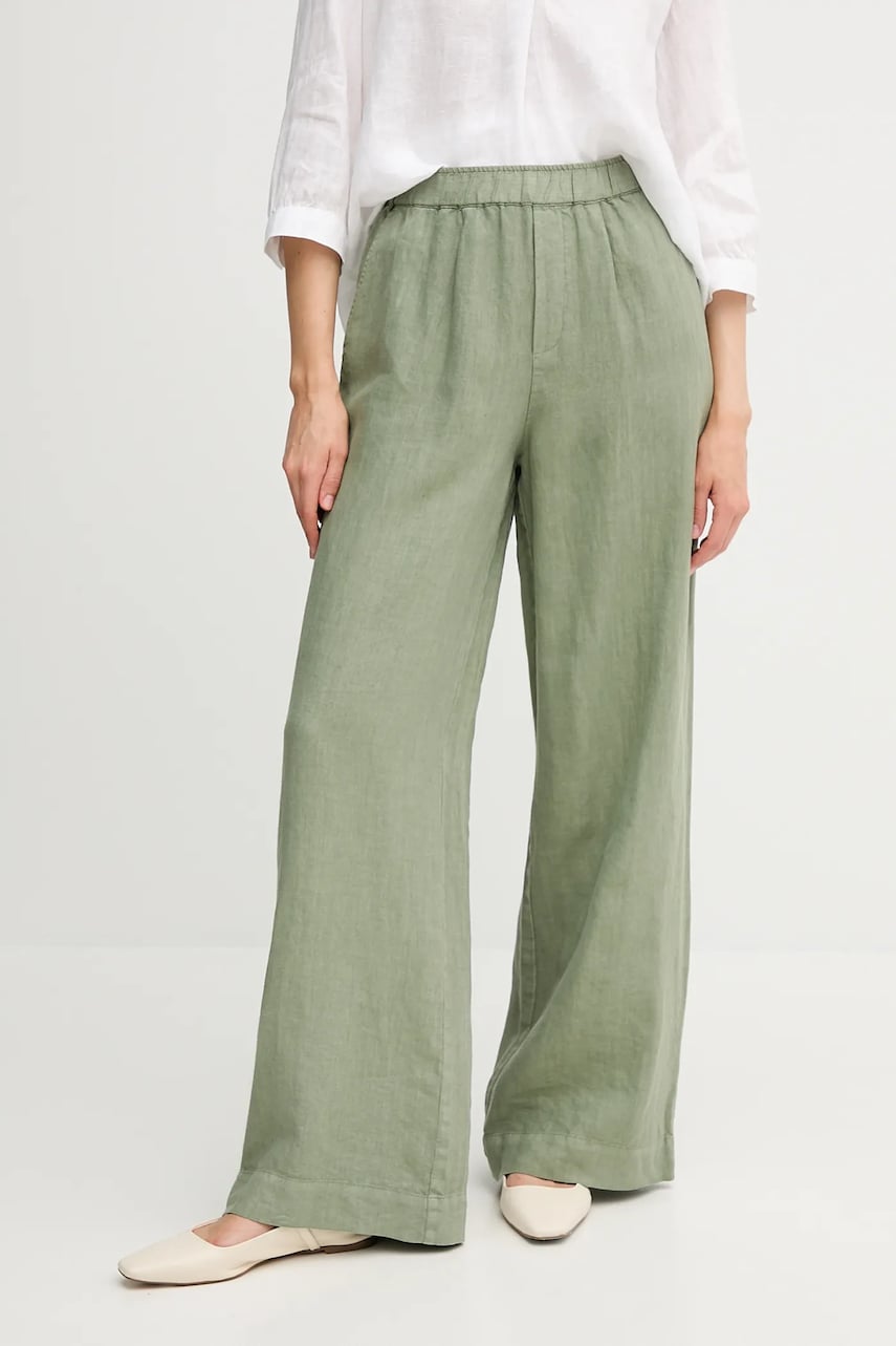 Levně Lněné kalhoty OUI dámské, zelená barva, široké, high waist, 92821