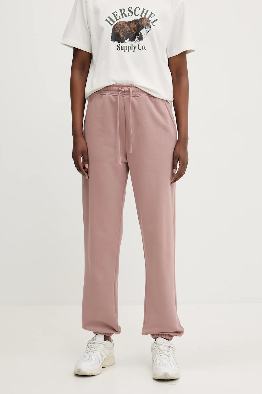 Herschel pantaloni de trening din bumbac femei, culoarea maro, uni, 50298-02077