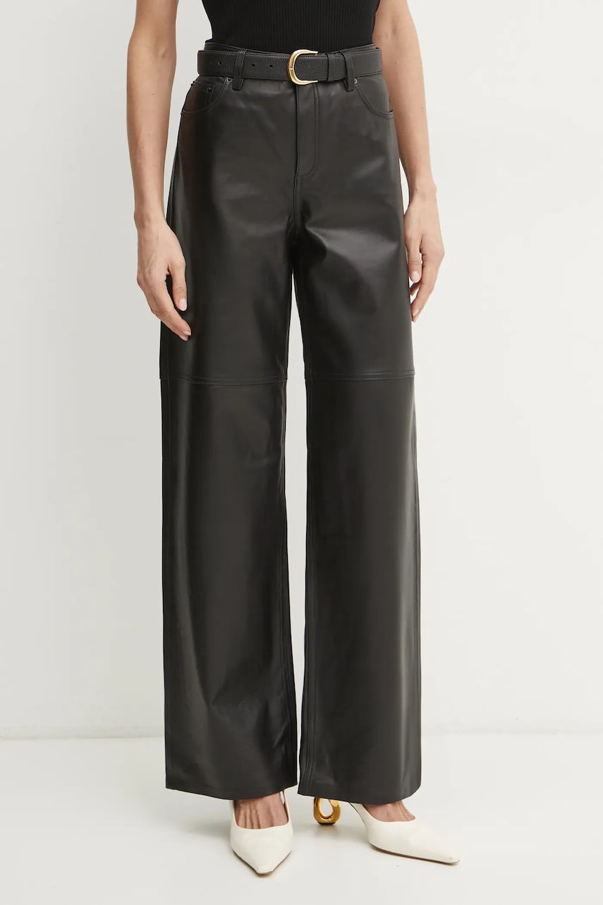 MICHAEL Michael Kors pantaloni de piele femei, culoarea negru, lat, high waist, MR53065FAF MICHAEL Michael Kors pantaloni de piele femei, culoarea negru, lat, high waist, MR53065FAF