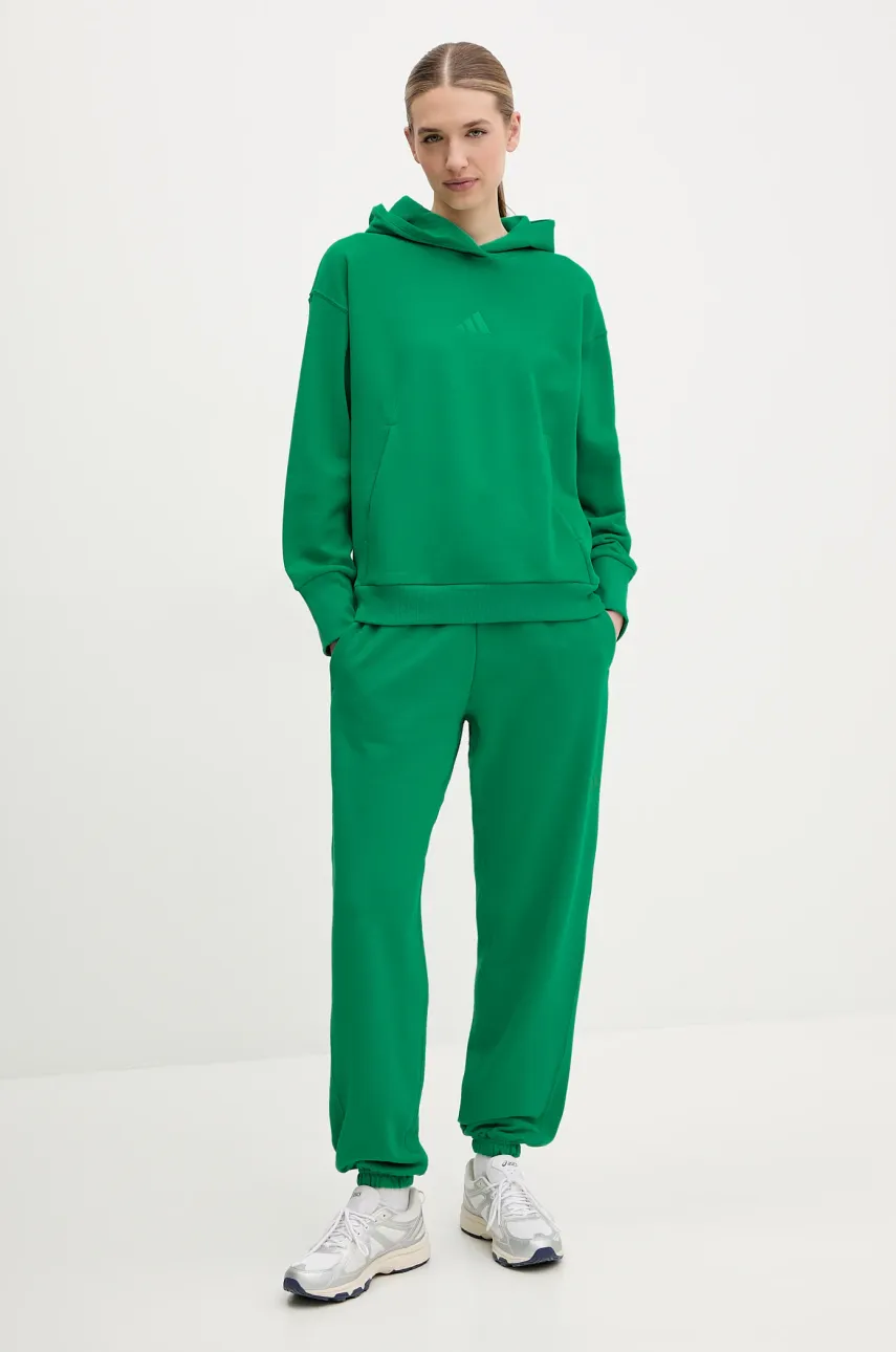 Хлопковые спортивные штаны adidas ALL SZN женские цвет зелёный однотонные JD4724 Хлопковые спортивные штаны adidas ALL SZN женские цвет зелёный однотонные JD4724