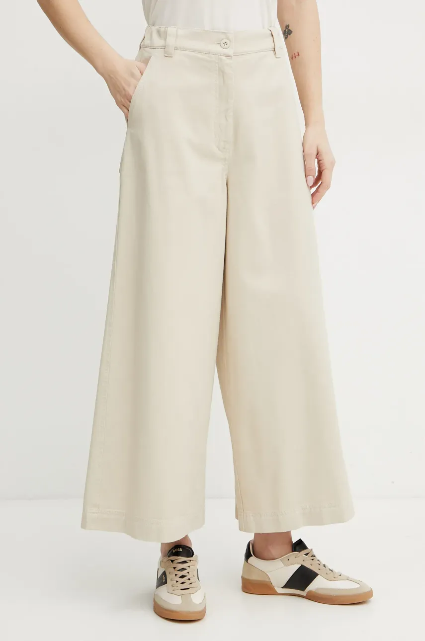 Weekend Max Mara pantaloni de bumbac femei, culoarea bej, lat, high waist, 2515131101600