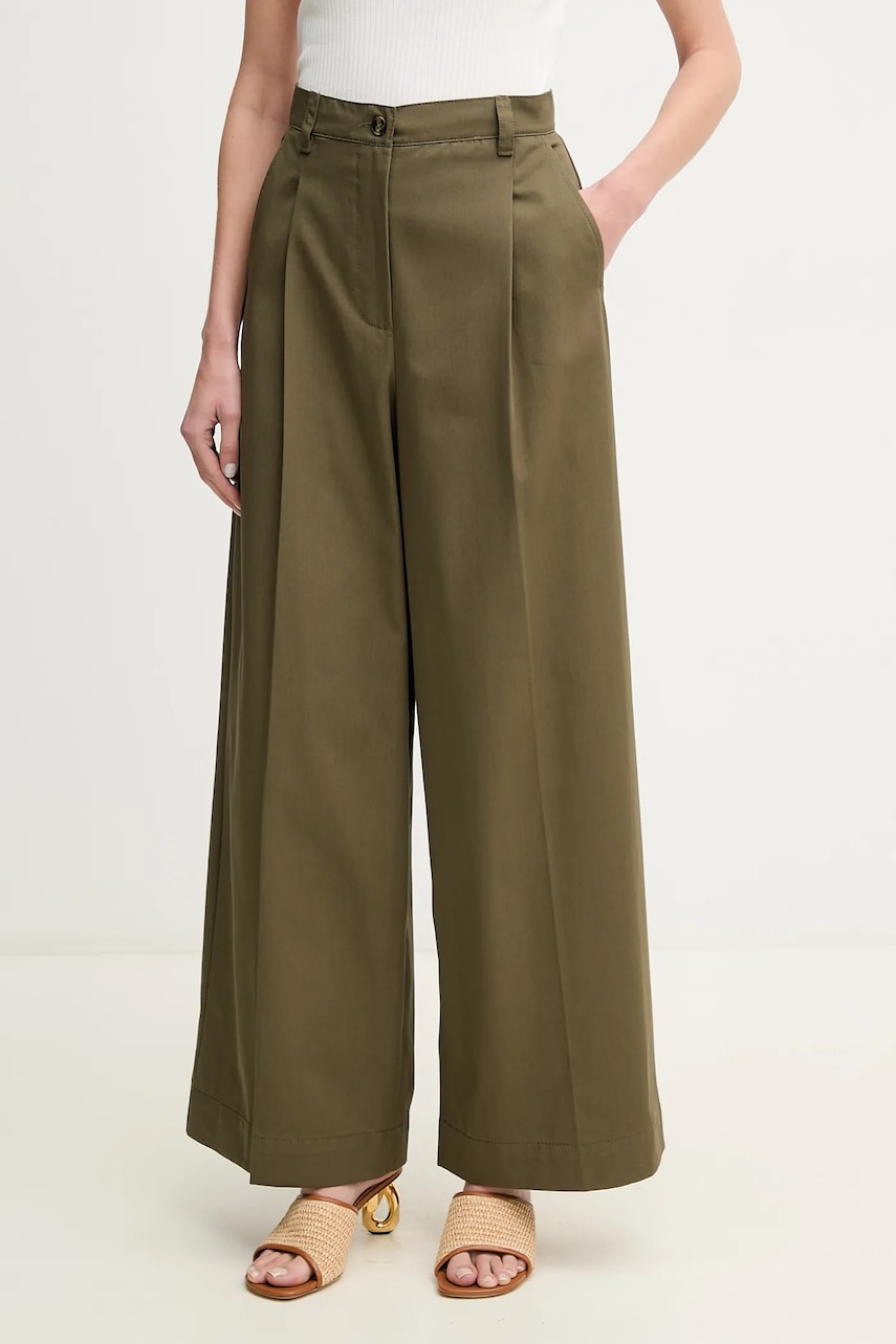 Weekend Max Mara pantaloni de bumbac femei, culoarea verde, lat, high waist, 2515131121600 Weekend Max Mara pantaloni de bumbac femei, culoarea verde, lat, high waist, 2515131121600