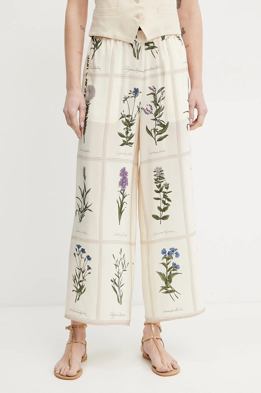 Weekend Max Mara pantaloni de matase femei, culoarea bej, drept, high waist, 2515131012600