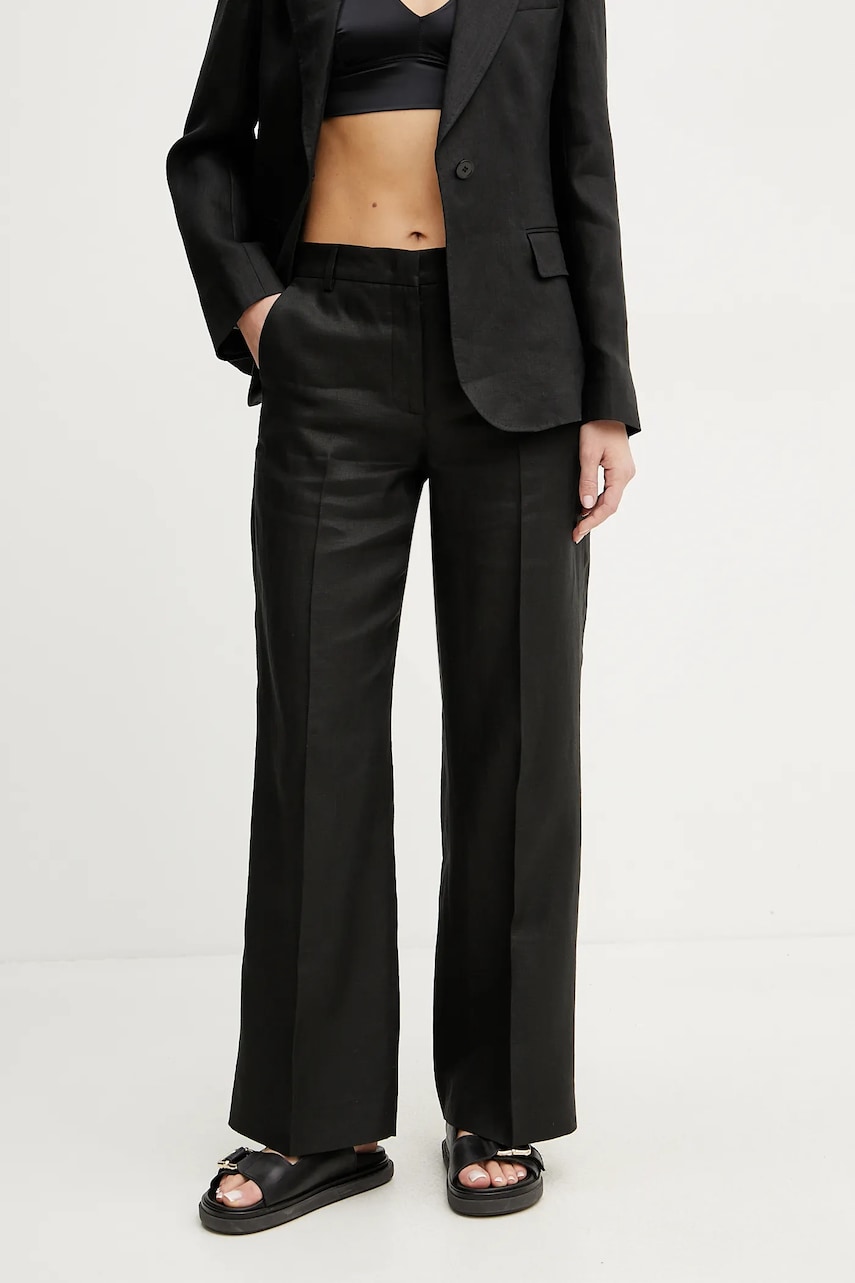 Weekend Max Mara pantaloni din in femei, culoarea negru, lat, high waist, 2515131052600