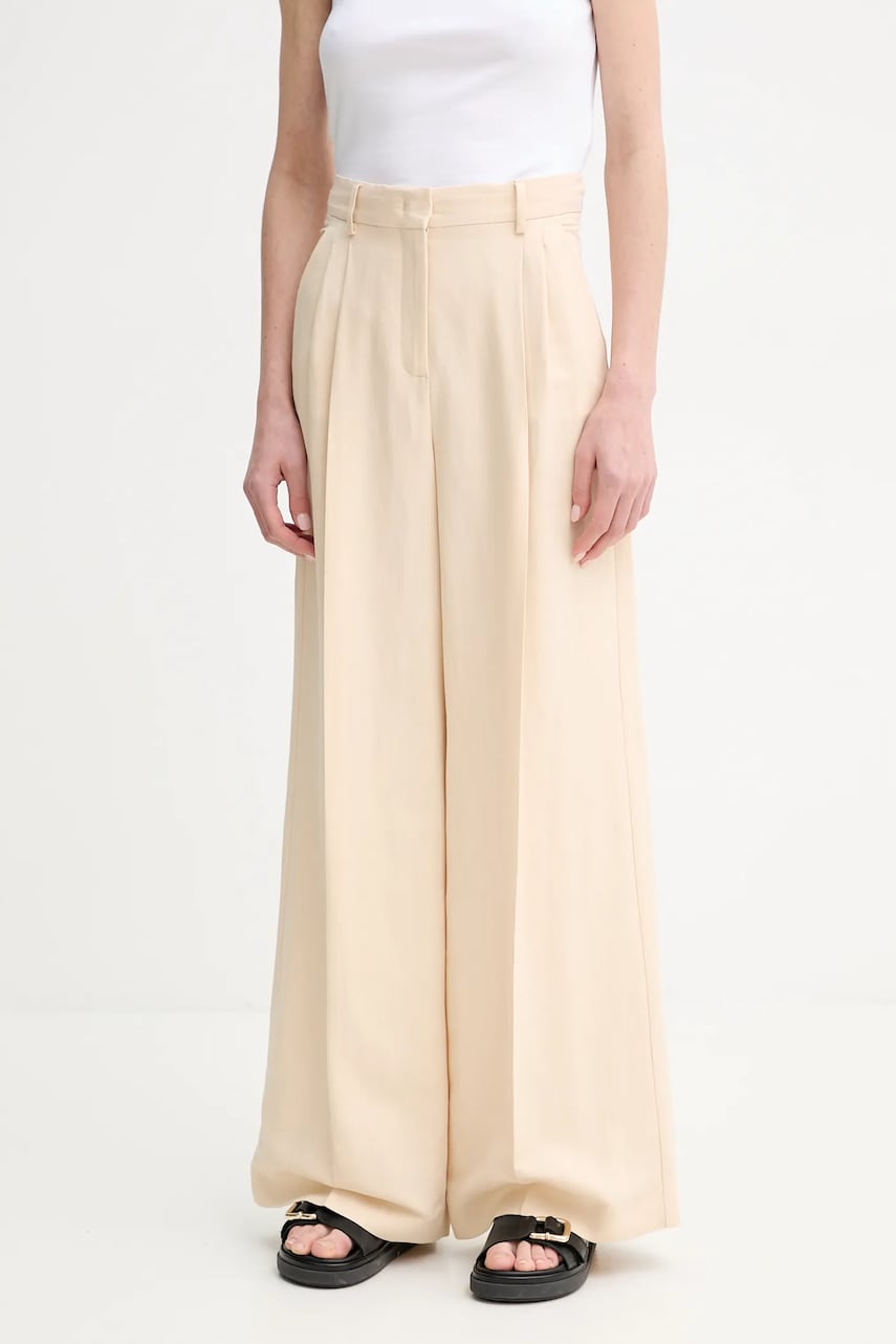 Weekend Max Mara pantaloni din amestec de in femei, culoarea bej, lat, high waist, 2515131132600 Weekend Max Mara pantaloni din amestec de in femei, culoarea bej, lat, high waist, 2515131132600