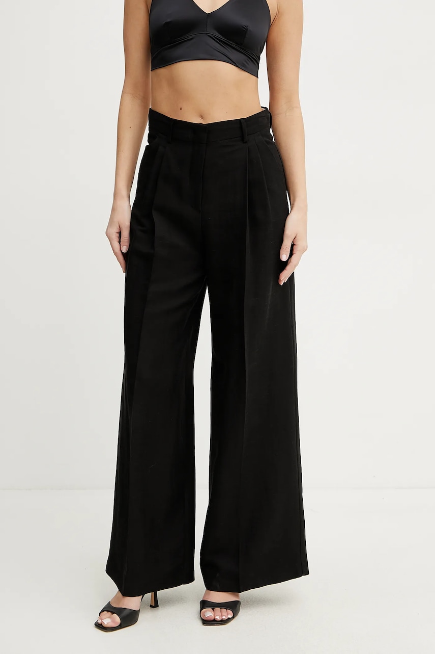 Weekend Max Mara pantaloni din amestec de in femei, culoarea negru, lat, high waist, 2515131132600 Weekend Max Mara pantaloni din amestec de in femei, culoarea negru, lat, high waist, 2515131132600