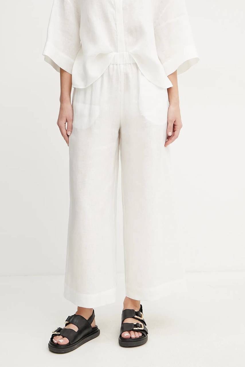MM pantaloni din in femei, culoarea alb, fason culottes, high waist, 2516131018600 MM pantaloni din in femei, culoarea alb, fason culottes, high waist, 2516131018600
