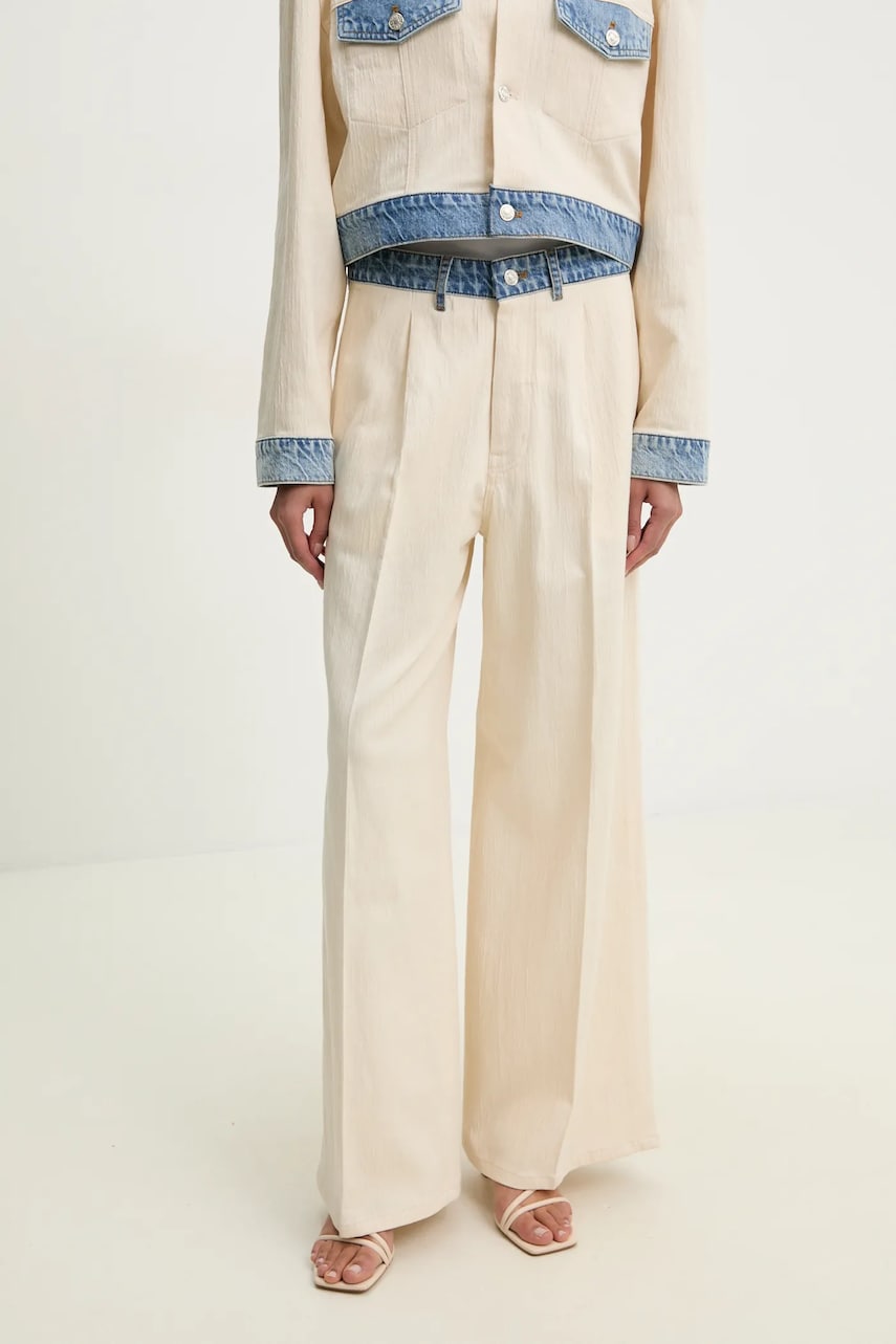 Moschino Jeans pantaloni femei, culoarea bej, lat, high waist, 0346 3717