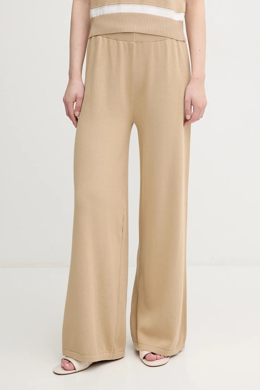 United Colors of Benetton pantaloni de bumbac femei, culoarea bej, lat, high waist, 1294DF00V