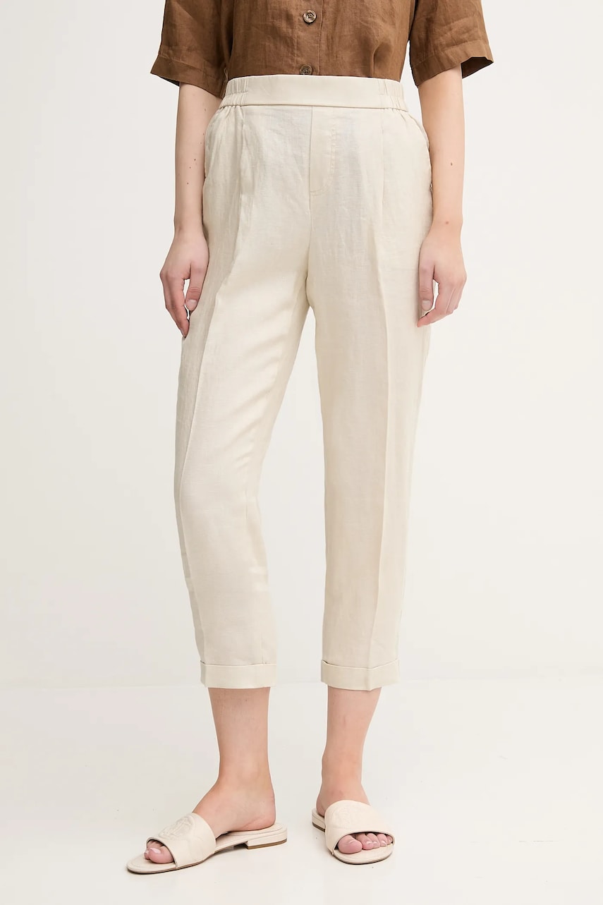 United Colors of Benetton pantaloni din in femei, culoarea bej, fason tigareta, high waist, 4AGH558X5 United Colors of Benetton pantaloni din in femei, culoarea bej, fason tigareta, high waist, 4AGH558X5