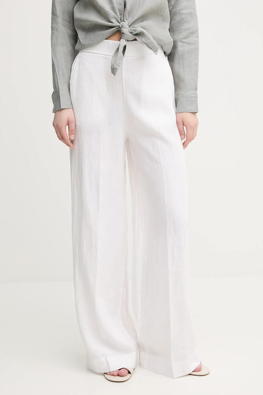 United Colors of Benetton pantaloni din in femei, culoarea alb, drept, high waist, 4AGHDF08K