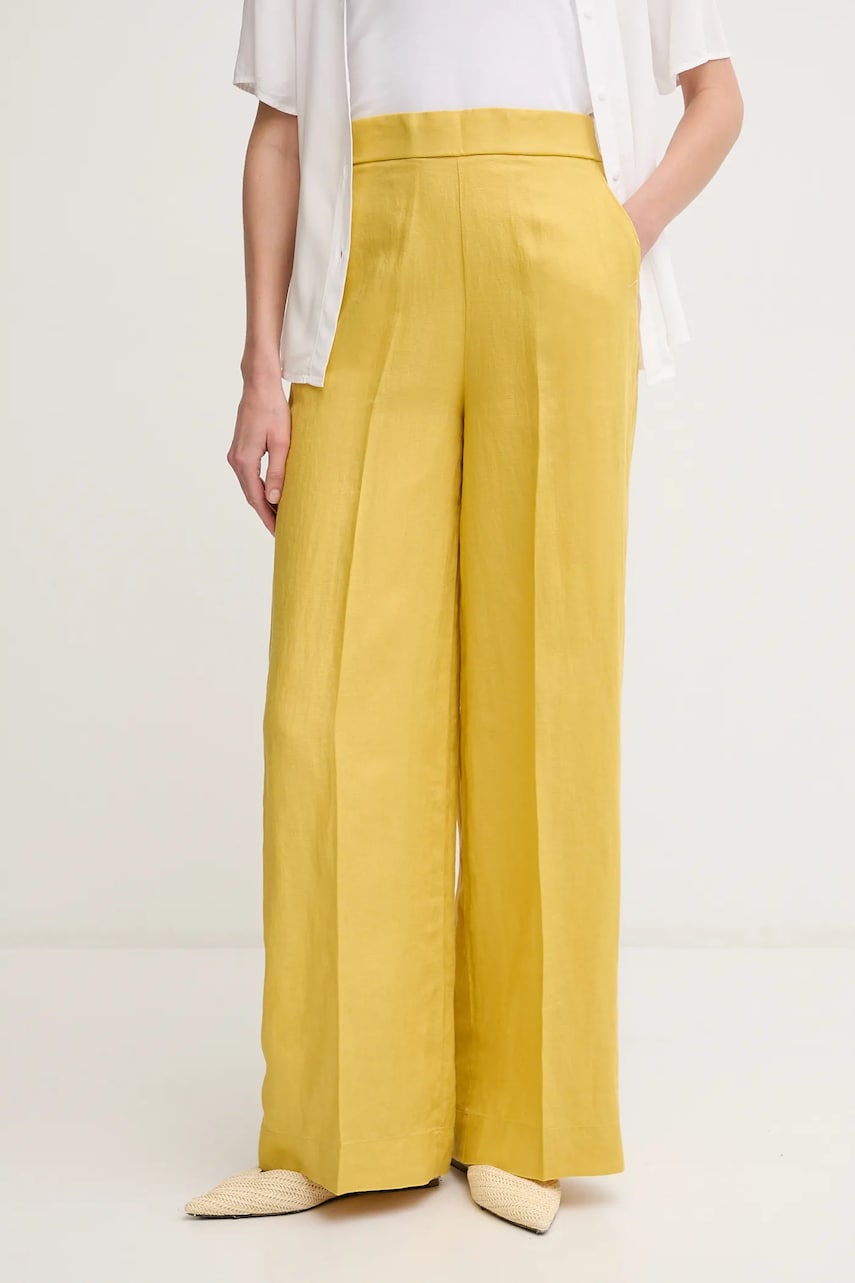 United Colors of Benetton pantaloni din in femei, culoarea galben, drept, high waist, 4AGHDF08K United Colors of Benetton pantaloni din in femei, culoarea galben, drept, high waist, 4AGHDF08K