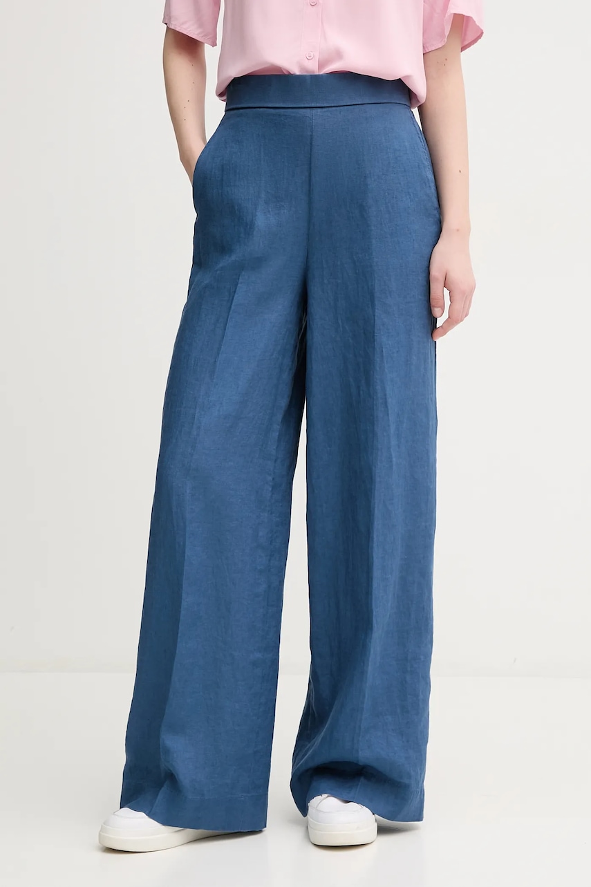 United Colors of Benetton pantaloni din in femei, culoarea bleumarin, drept, high waist, 4AGHDF08K