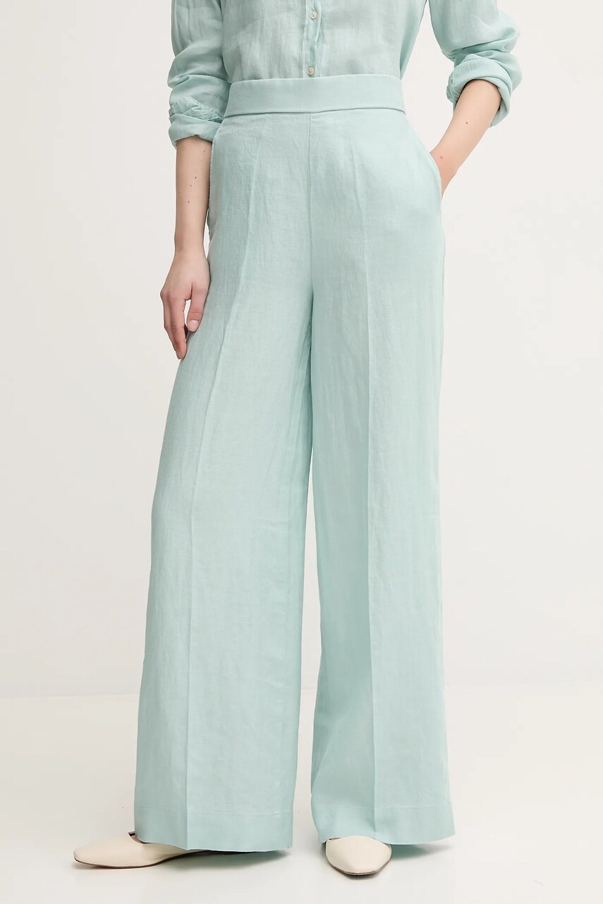 United Colors of Benetton pantaloni din in femei, culoarea turcoaz, drept, high waist, 4AGHDF08K