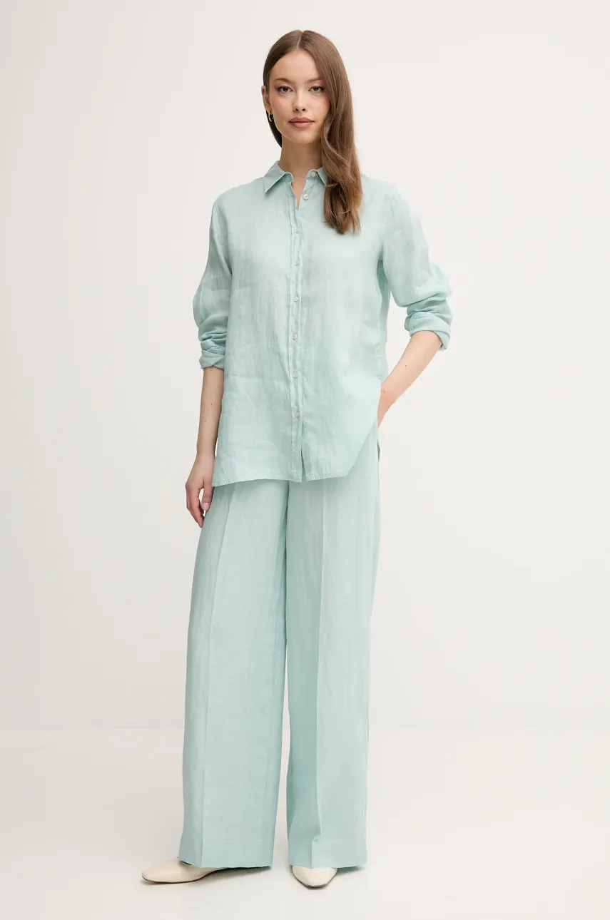Льняные брюки United Colors of Benetton женские цвет бирюзовый прямые высокая посадка 4AGHDF08K Льняные брюки United Colors of Benetton женские цвет бирюзовый прямые высокая посадка 4AGHDF08K