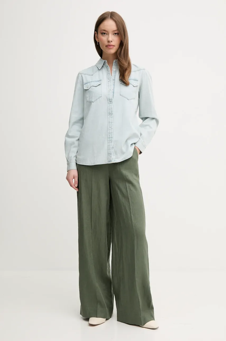 Льняные брюки United Colors of Benetton женские цвет зелёный прямые высокая посадка 4AGHDF08K Льняные брюки United Colors of Benetton женские цвет зелёный прямые высокая посадка 4AGHDF08K