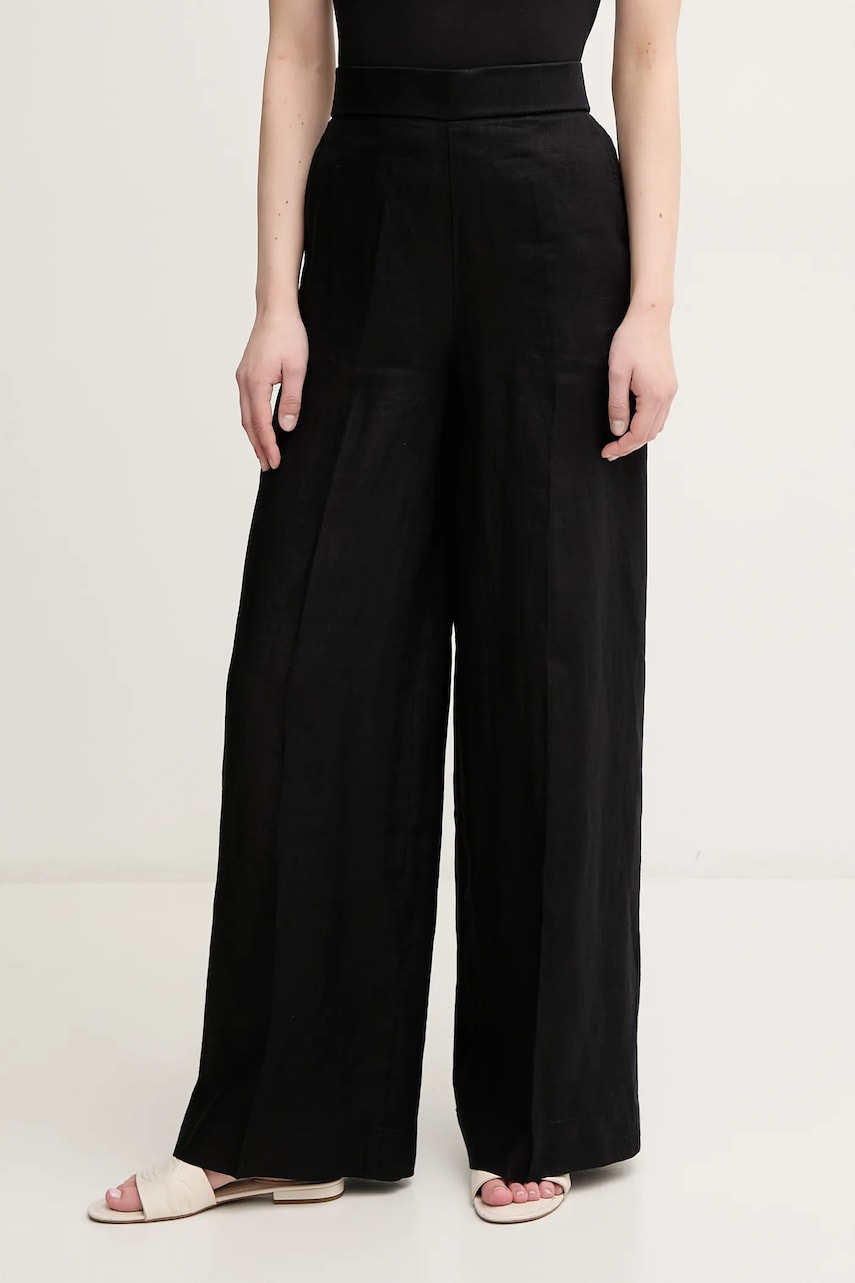 United Colors of Benetton pantaloni din in femei, culoarea negru, drept, high waist, 4AGHDF08K