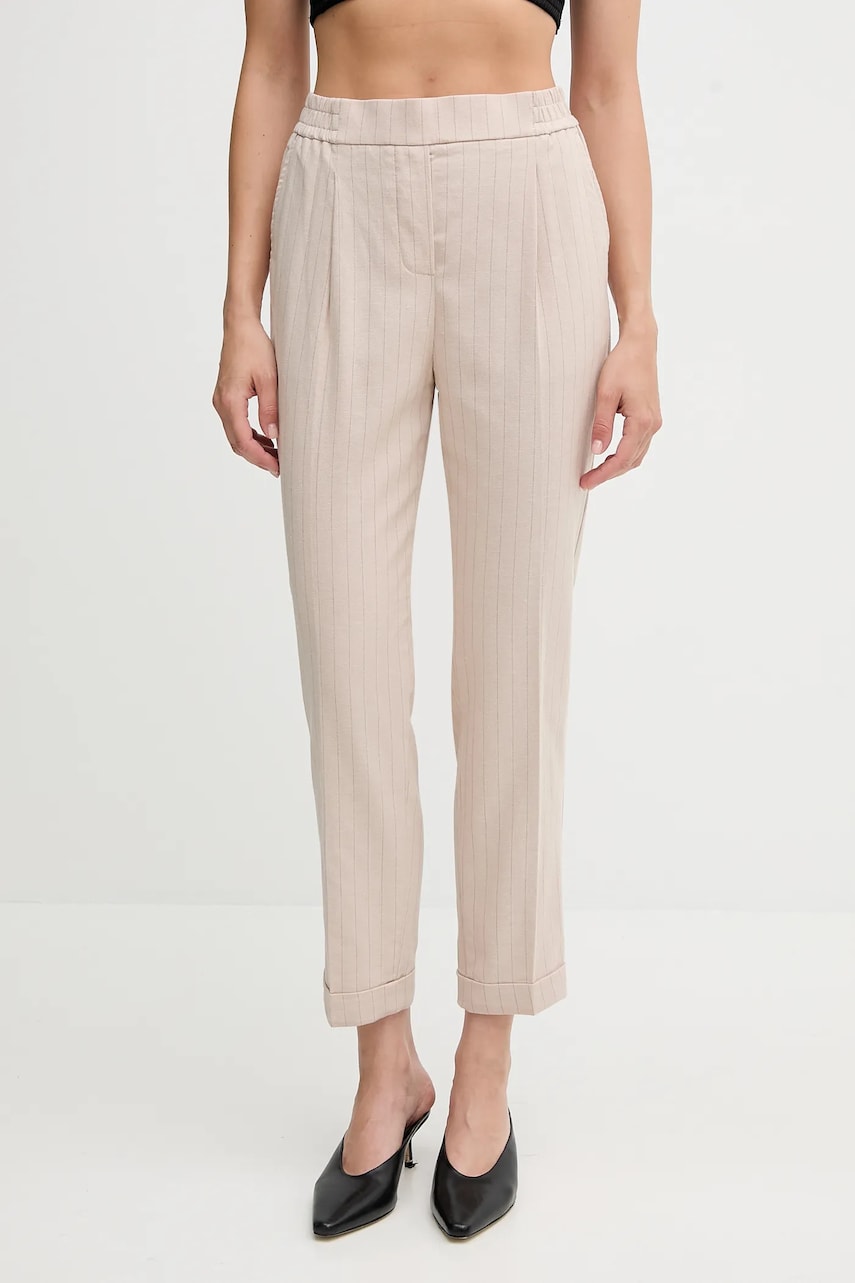 United Colors of Benetton pantaloni din amestec de in culoarea bej, fason tigareta, high waist, 49KBDF090 United Colors of Benetton pantaloni din amestec de in culoarea bej, fason tigareta, high waist, 49KBDF090