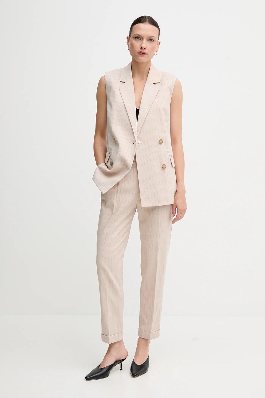 Брюки с примесью льна United Colors of Benetton цвет бежевый фасон сигареты высокая посадка 49KBDF090