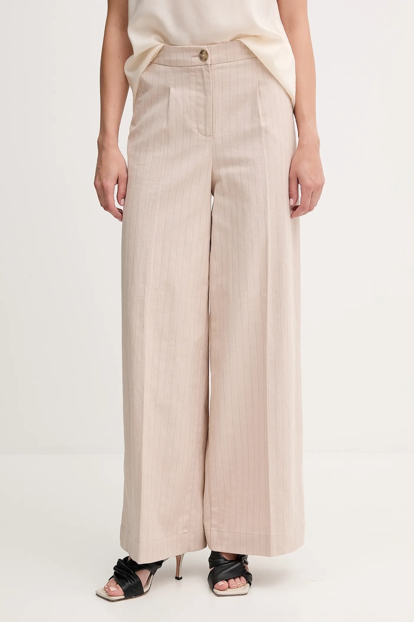 United Colors of Benetton pantaloni din amestec de in culoarea bej, lat, high waist, 49KBDF091