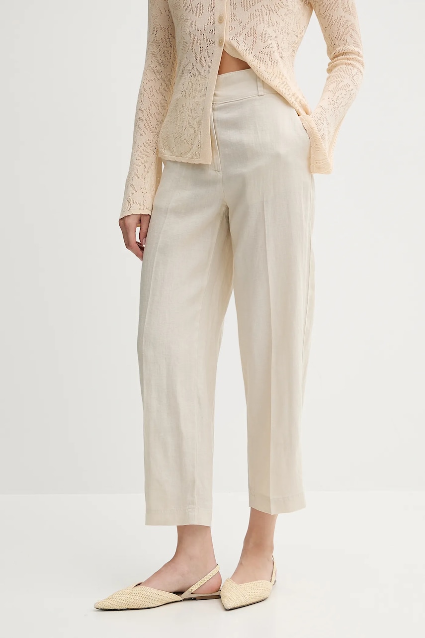 United Colors of Benetton pantaloni din in culoarea bej, drept, high waist, 4AGHDF06R