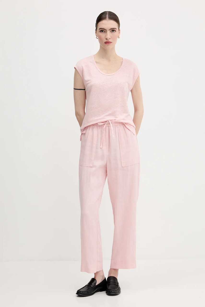 Льняные брюки United Colors of Benetton цвет розовый прямые высокая посадка 4AGHDF08J