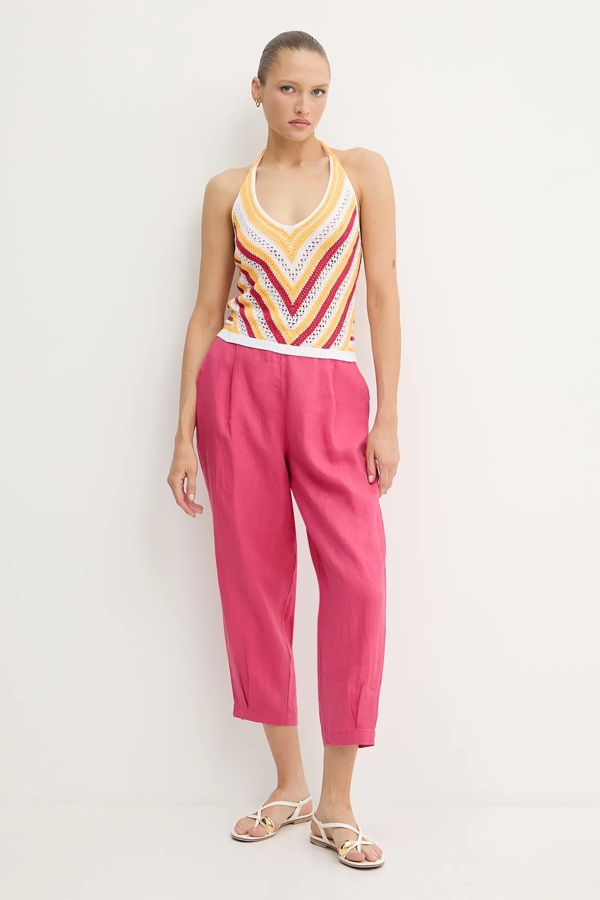 Льняные брюки United Colors of Benetton цвет розовый широкие высокая посадка 4AGHDF08L