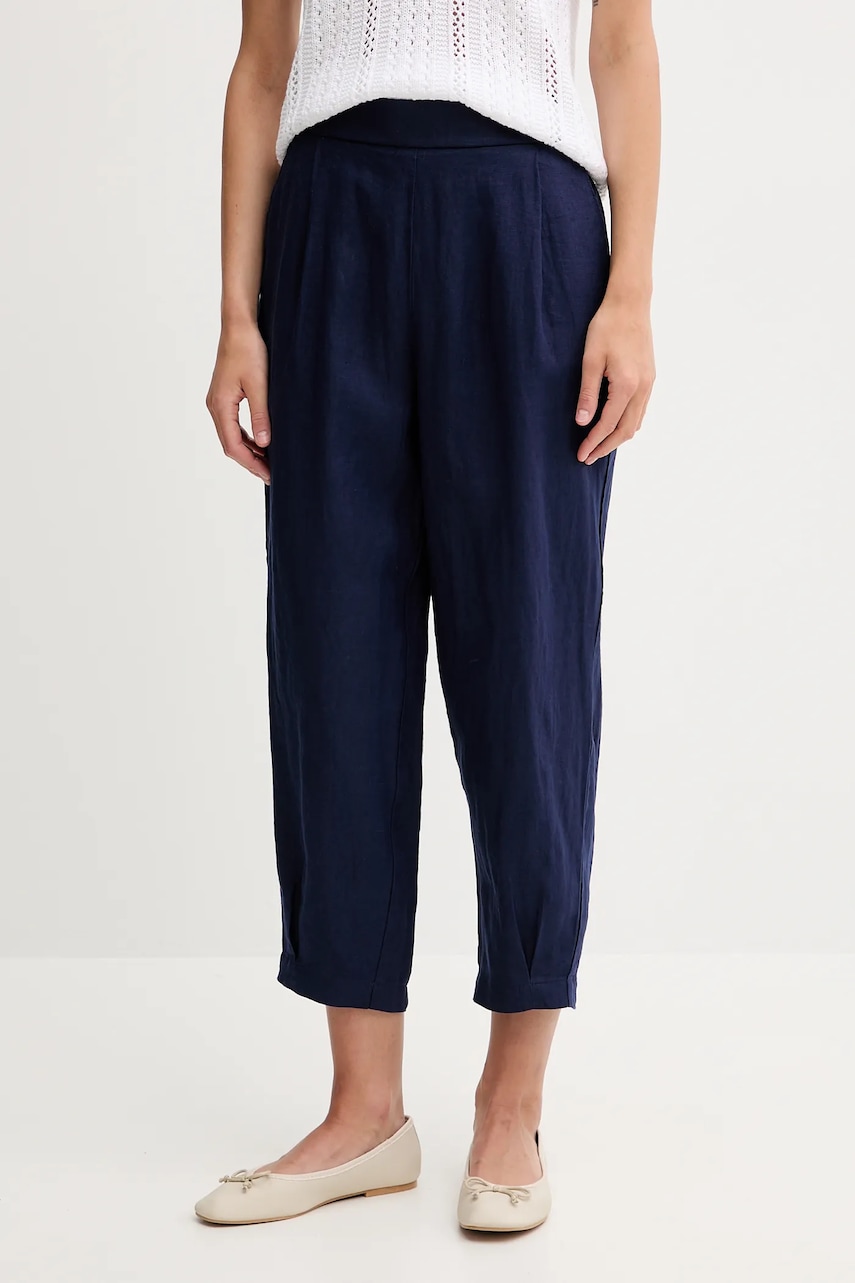 Levně Lněné kalhoty United Colors of Benetton dámské, tmavomodrá barva, široké, high waist, 4AGHDF08L
