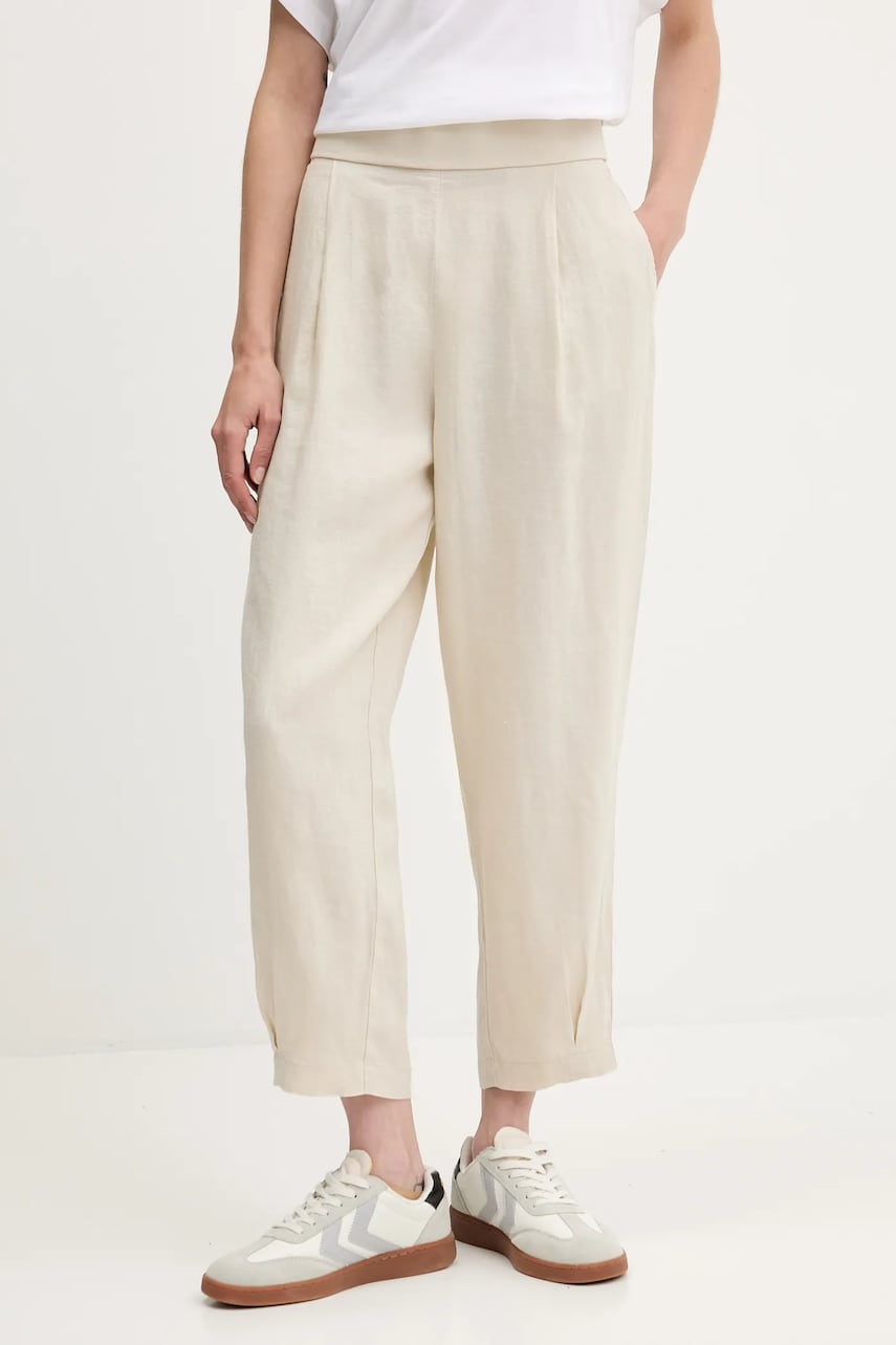 Levně Lněné kalhoty United Colors of Benetton dámské, béžová barva, široké, high waist, 4AGHDF08L