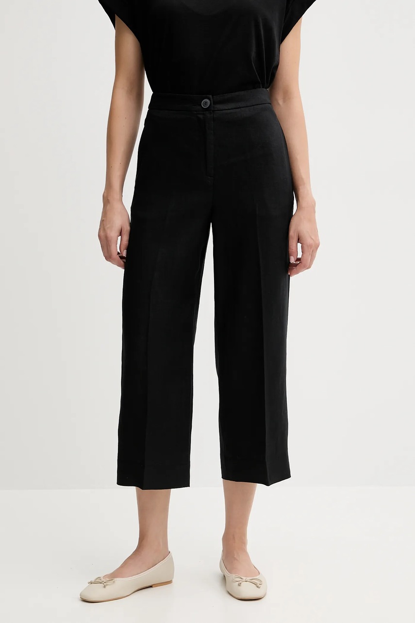 Levně Lněné kalhoty United Colors of Benetton dámské, černá barva, high waist, 4AGHDF08M