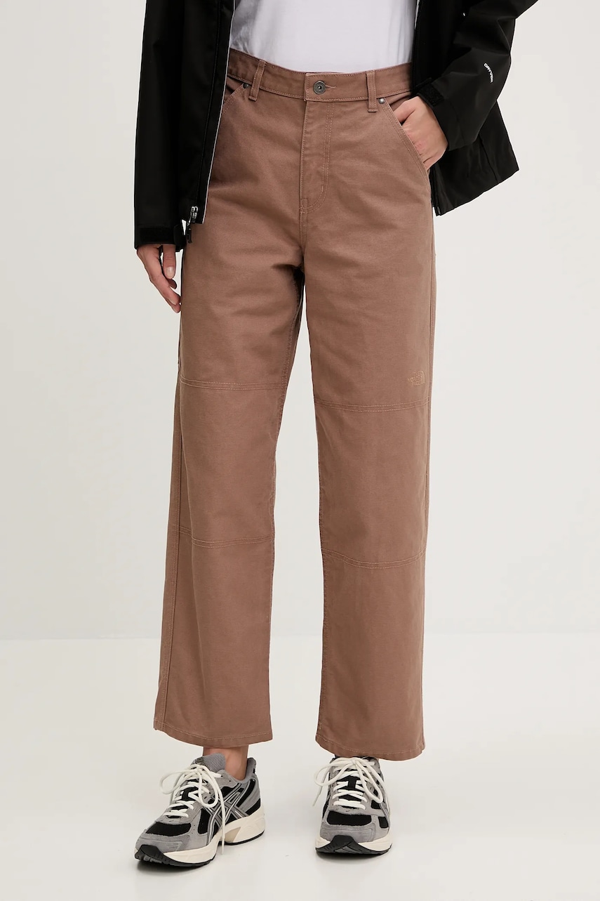Levně Bavlněné kalhoty The North Face Cedar Canvas Work dámské, hnědá barva, high waist, NF0A8B9D6IH1