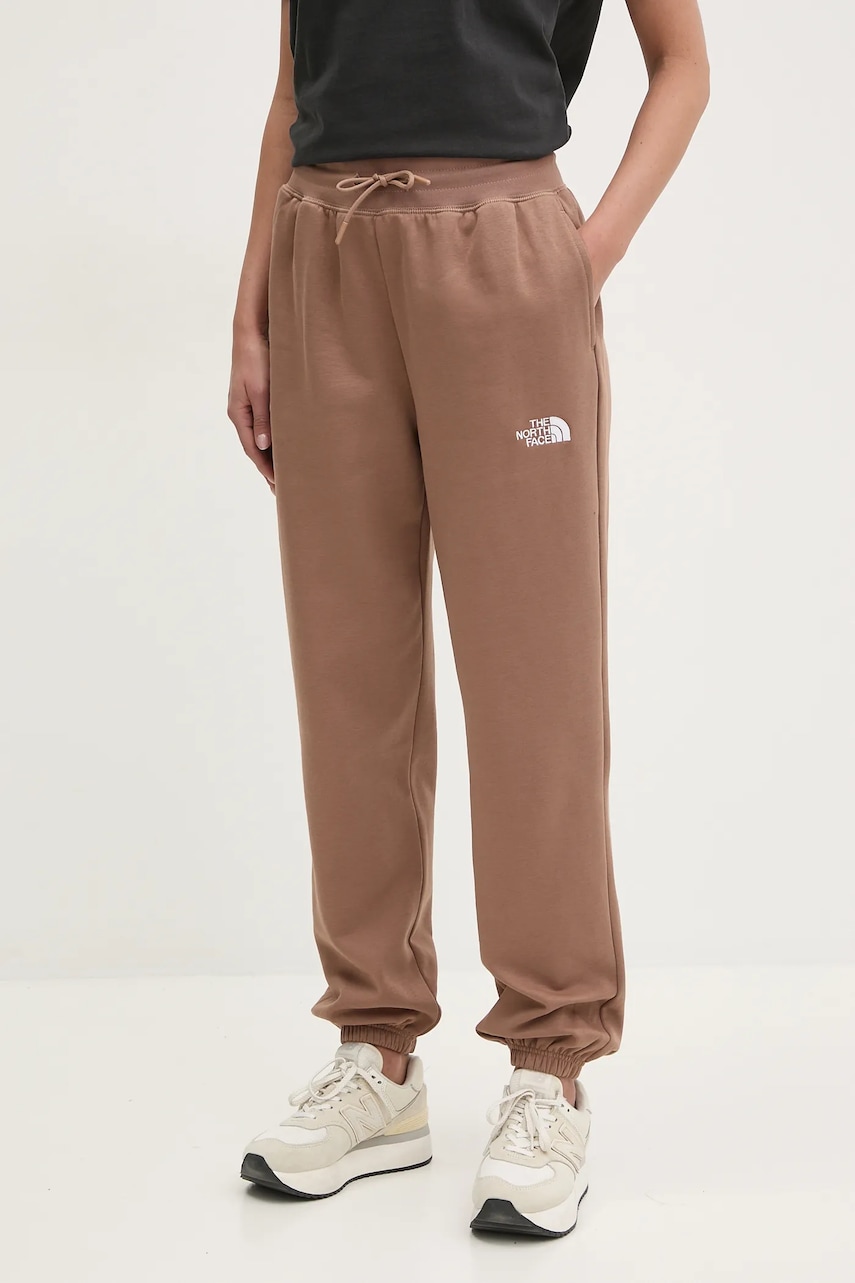 The North Face pantaloni de trening Essential Relaxed femei, culoarea maro, cu imprimeu, NF0A8C1G6IH1