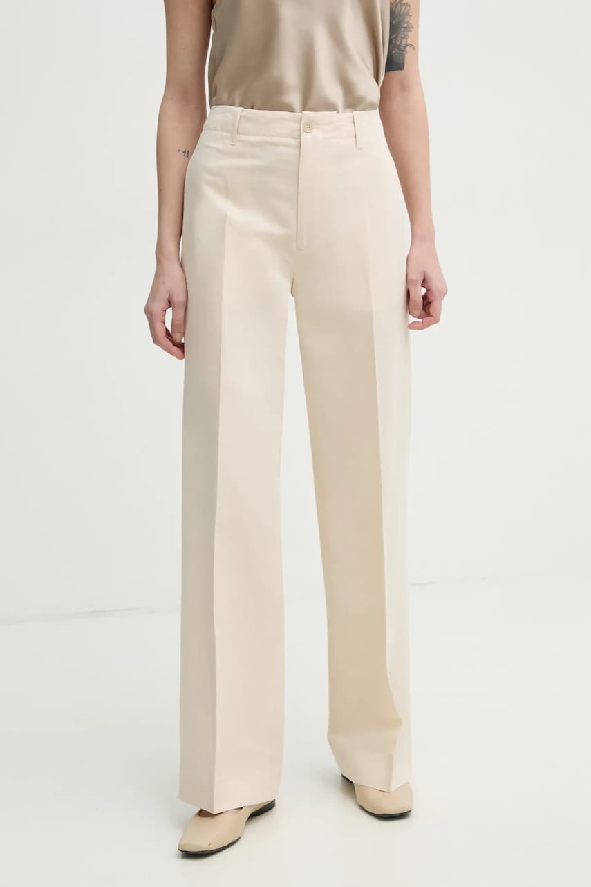 Filippa K pantaloni din in femei, culoarea bej, lat, high waist, 31110 Filippa K pantaloni din in femei, culoarea bej, lat, high waist, 31110