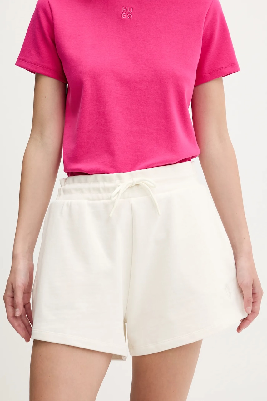Hugo Blue pantaloni scurti din bumbac femei, culoarea alb, neted, high waist, 50537101