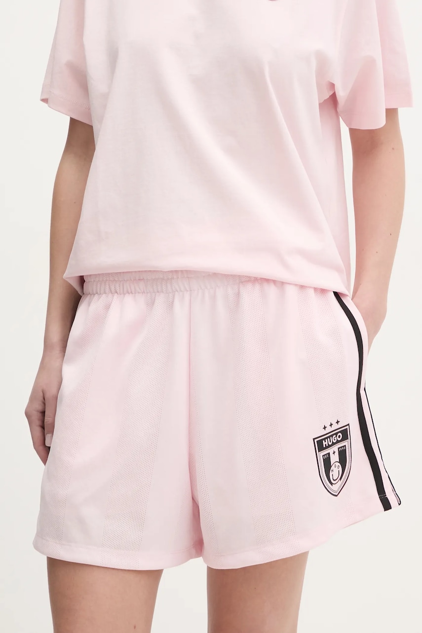 Hugo Blue pantaloni scurti femei, culoarea roz, cu imprimeu, high waist, 50537439